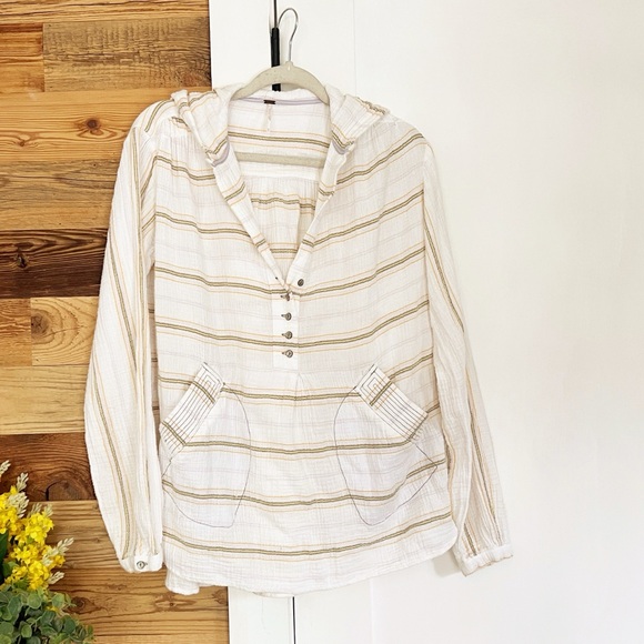 Free People Rolling Clouds 100% Cotton Hooded Blouse Ivory Cream Striped - Picture 5 of 8